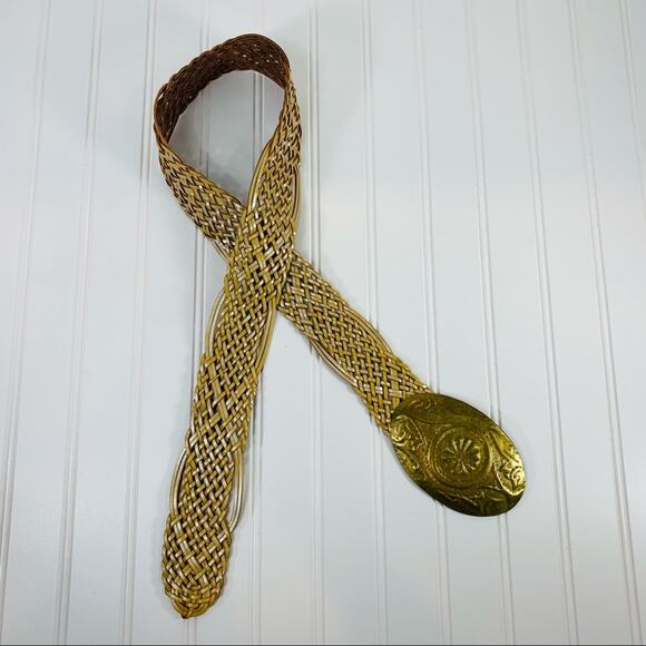 Vintage Gold Leather Wide Woven Belt Gold Buckle M/L - Picture 4 of 6